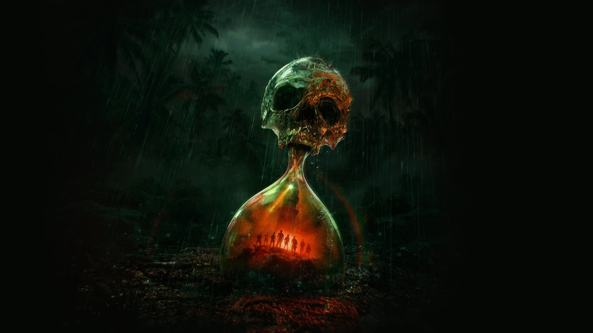 Arte principal de Until Dawn 2: una calavera fundida con un reloj de arena de cristal rojo, entre la maleza de una selva nocturna