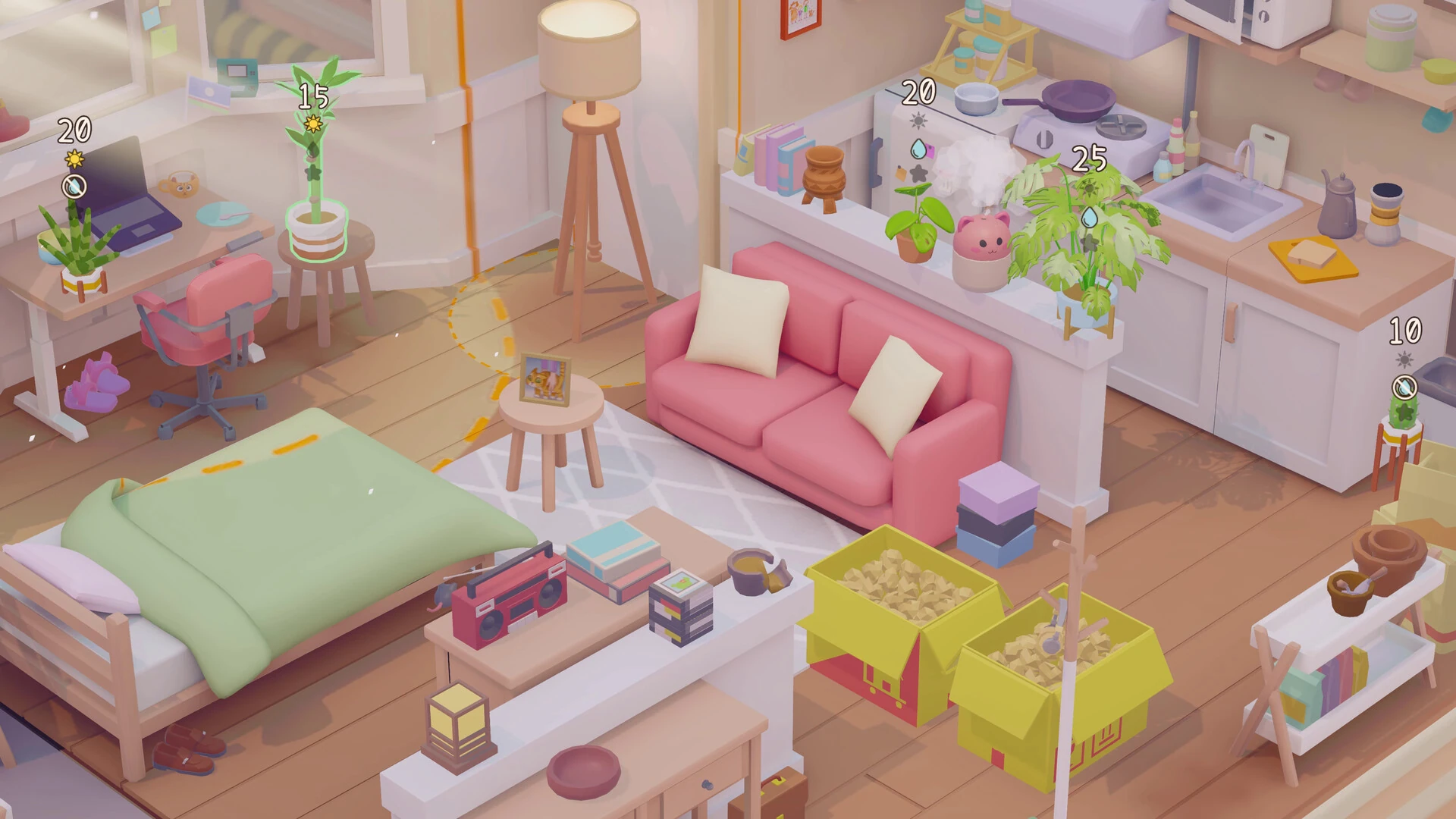Estudio visto en diagonal desde arriba: cama con edredón verde, sofá rosa y cocina americana, con plantas marcadas con sus puntos