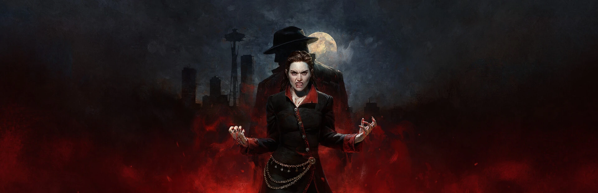 Una vampira de abrigo negro con los colmillos fuera y las manos en garra, ante la silueta de un hombre con sombrero, la luna y la Space Needle
