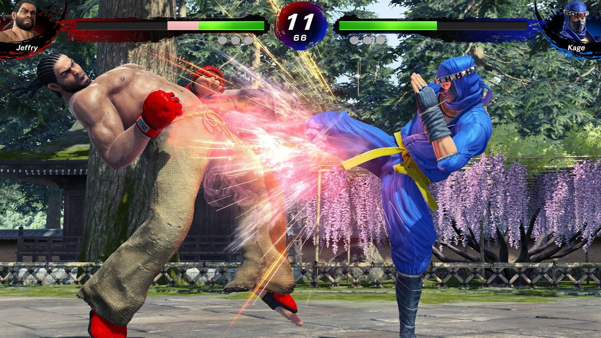 Kage, con traje azul de ninja, lanza una patada alta a Jeffry en un patio japonés con glicinias