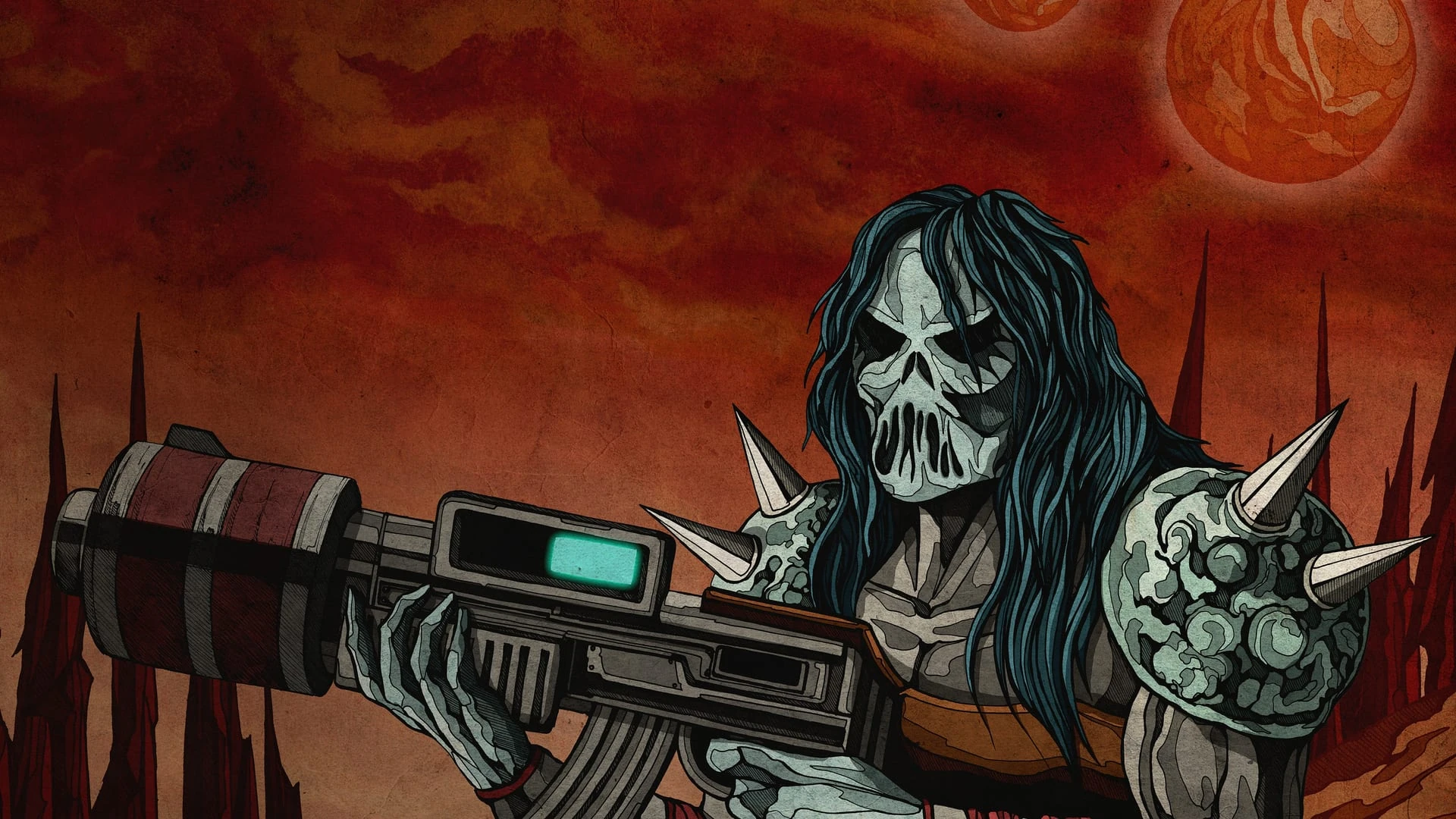 Ilustración del Voivod, un guerrero de melena azulada y cara de calavera, con un arma enorme ante un cielo rojo con dos planetas