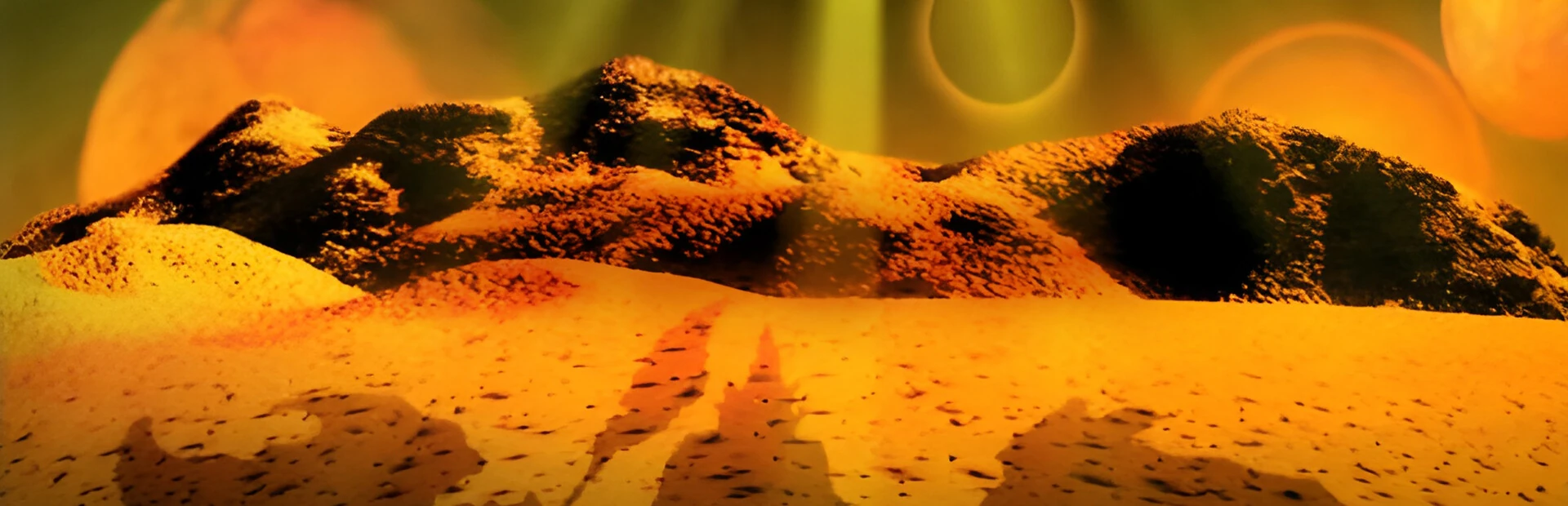 Un desierto naranja bajo un cielo verdoso con varias lunas, y las sombras de criaturas alienígenas sobre la arena