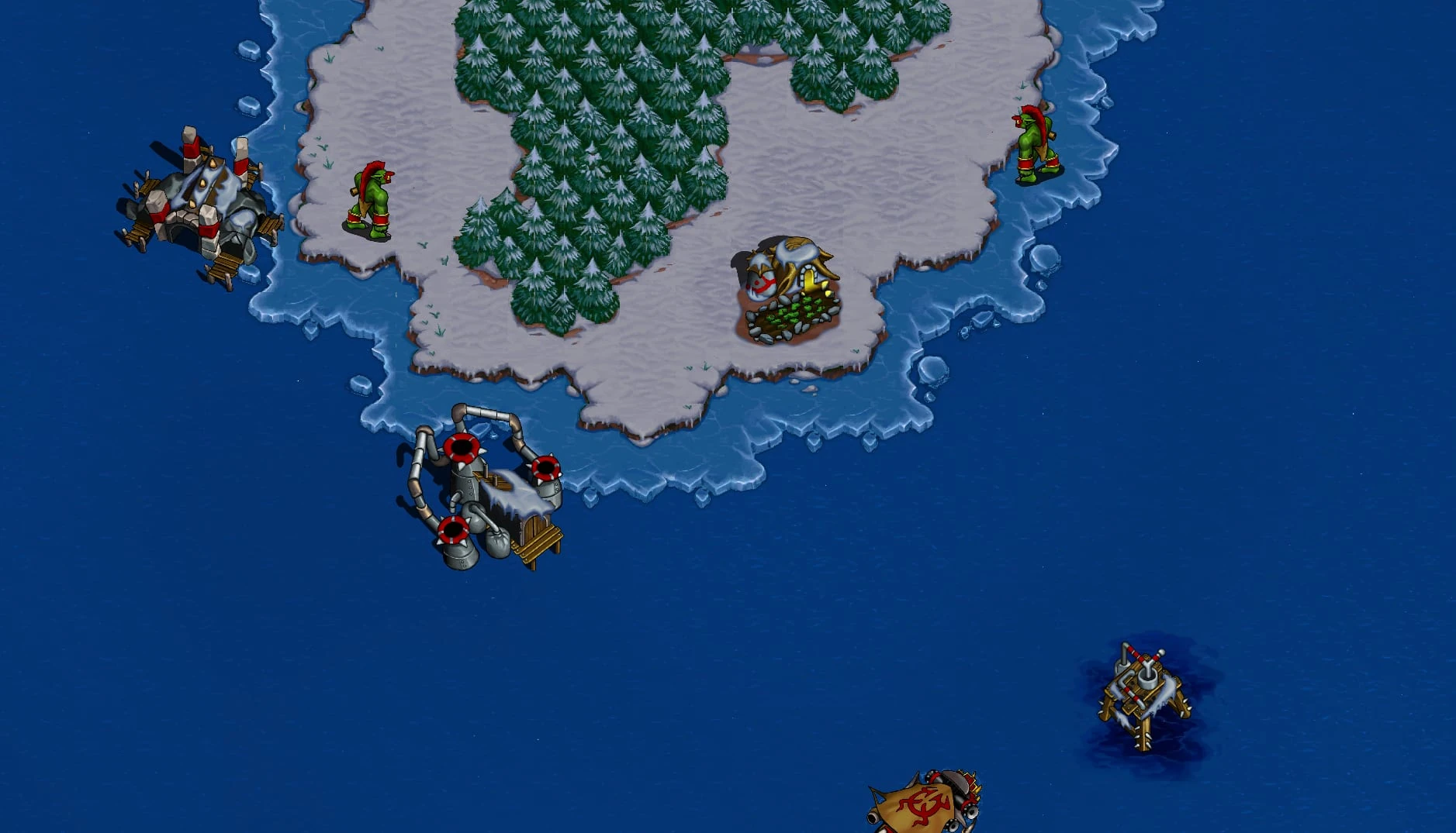 Vista cenital de una isla nevada con pinos en mitad del mar, con edificios orcos en la orilla, dos trolls y una plataforma petrolífera en el agua
