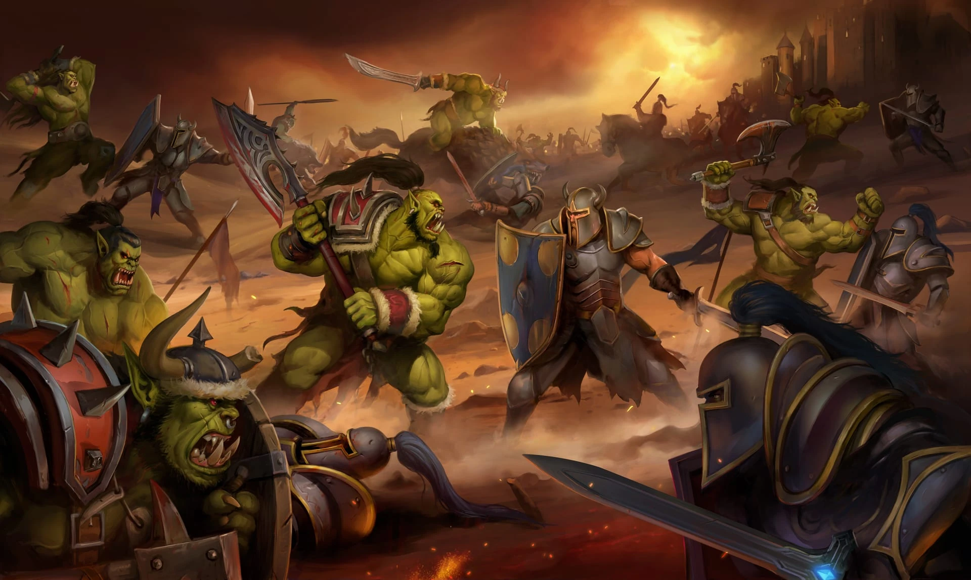 Ilustración de una batalla entre orcos de piel verde y caballeros con armadura y escudo azul, con un castillo al fondo bajo un cielo anaranjado
