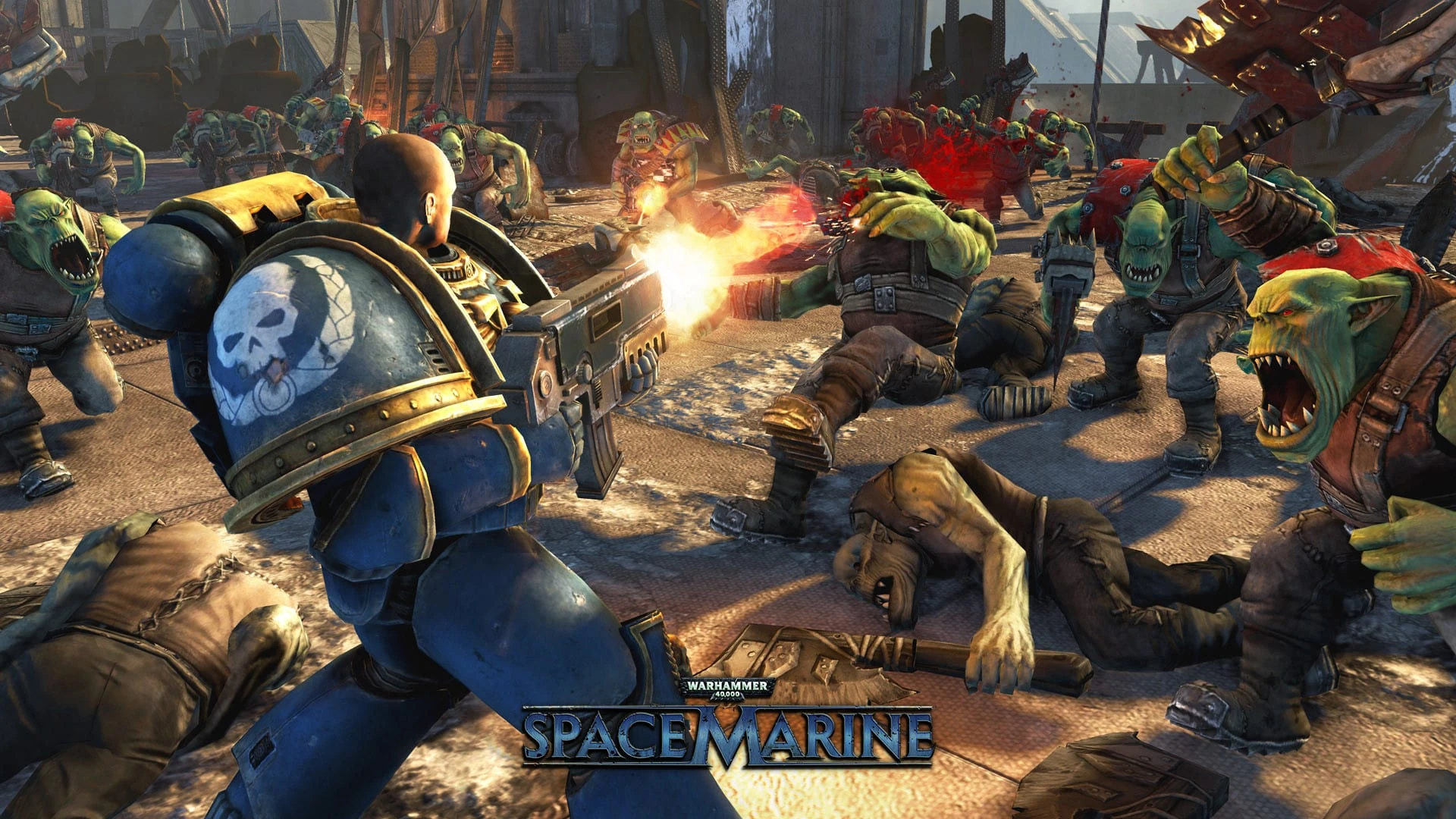 Un marine espacial de armadura azul dispara el bólter contra una carga de orkos en una calle en ruinas