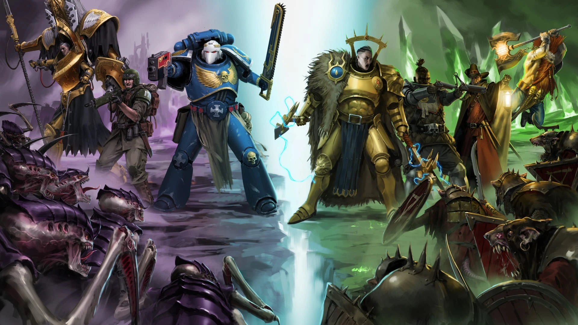 Un marine espacial azul, un guardia imperial y una hermana de batalla frente a tiránidos, y héroes de Age of Sigmar frente a hombres rata