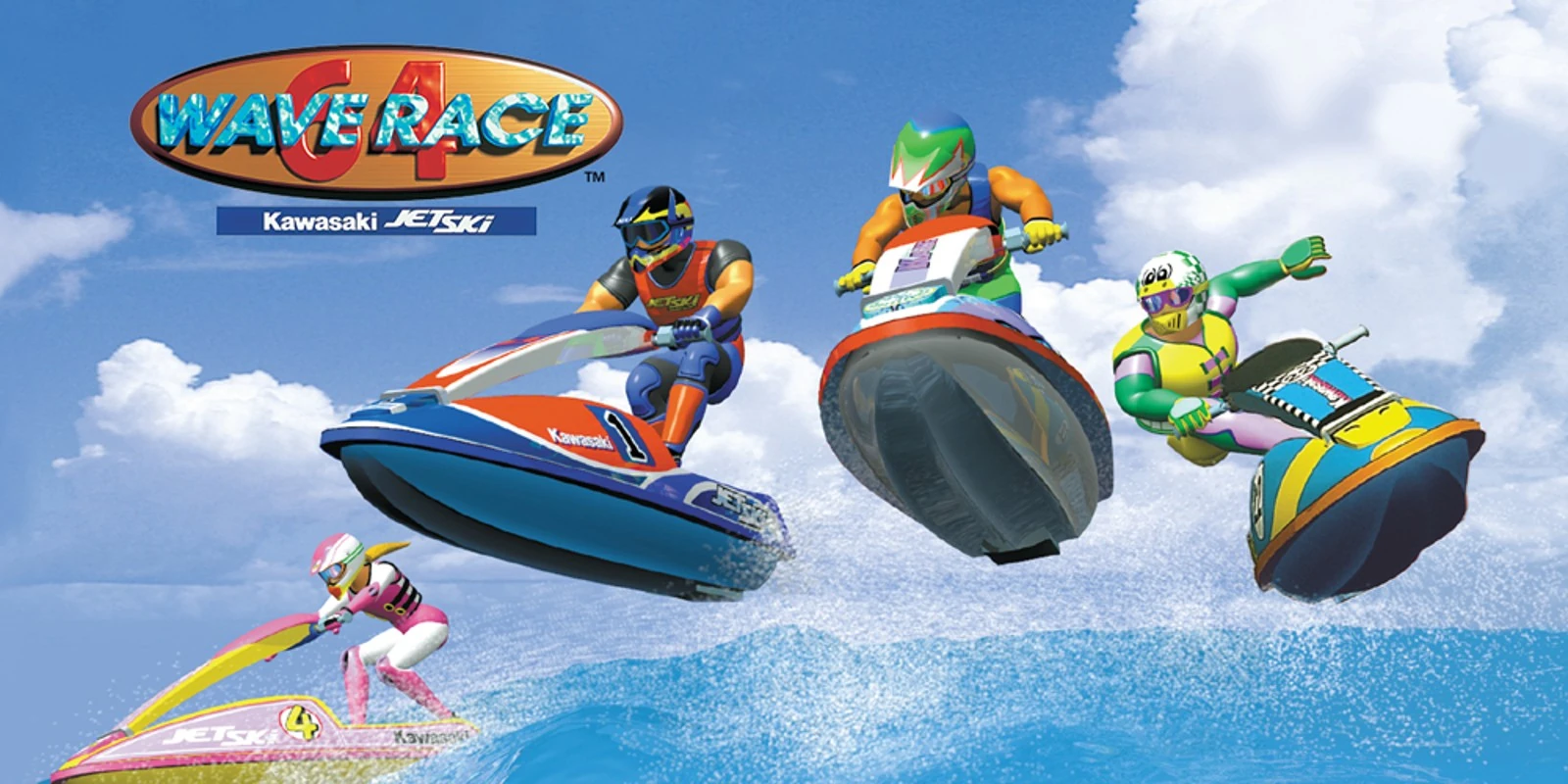 Ilustración de Wave Race 64: cuatro pilotos saltan con sus motos de agua sobre el mar, con el logotipo arriba a la izquierda