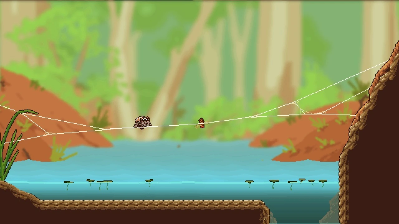 Pixel art de un estanque en el bosque cruzado por hebras de telaraña, con la araña caminando por la hebra central sobre el agua turquesa