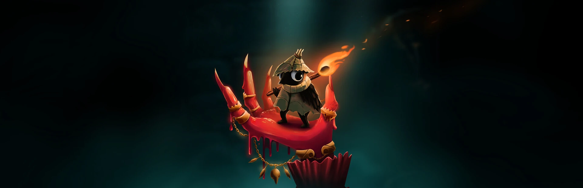 Arte oficial de Well Dweller: Glimmer, un pájaro pequeño con sombrero de paja y una cerilla encendida, sobre una mano roja gigante en la oscuridad