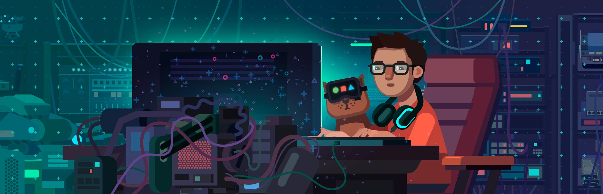 Ilustración en verdes y azules: el programador en su silla, frente al monitor y rodeado de cables y servidores, con el gato del visor a su lado