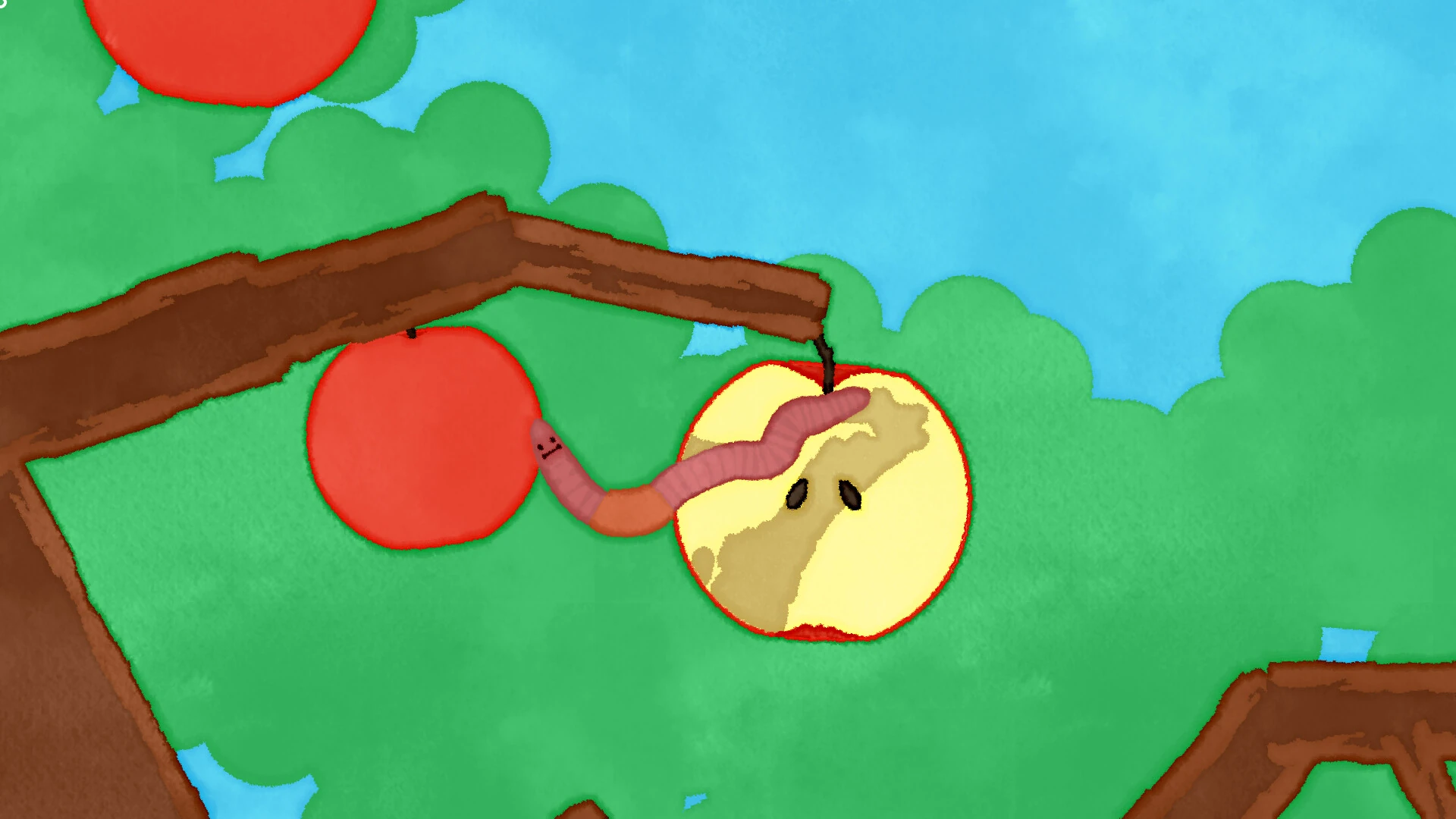 Un gusano rosa estirado entre dos manzanas que cuelgan de una rama, con la cabeza asomando de una de ellas, a medio comer