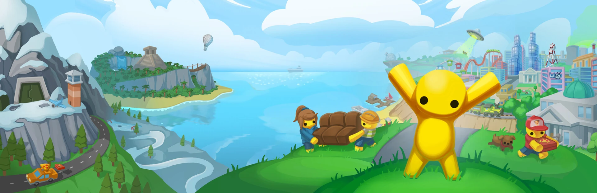 Ilustración de Isla Wobbly: un muñeco amarillo con los brazos en alto sobre una colina, con montañas, una bahía y una ciudad al fondo