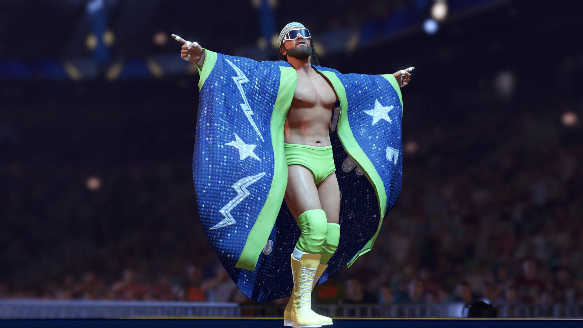 Un luchador con gafas de sol abre los brazos en la rampa, con una capa azul de estrellas y rayos verdes