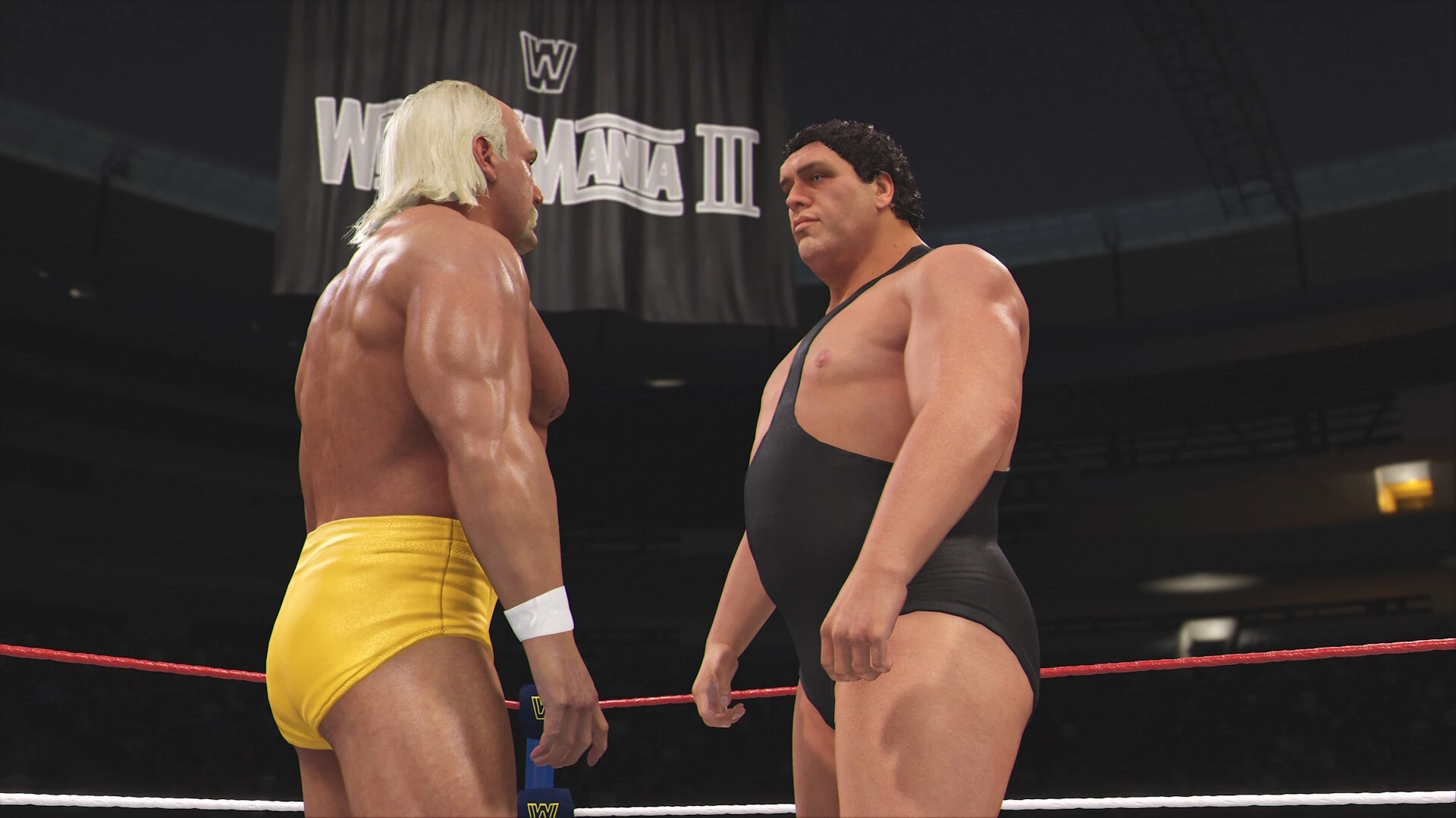 Un luchador rubio con calzón amarillo y un gigante con malla negra, cara a cara en el ring bajo el cartel de WrestleMania III