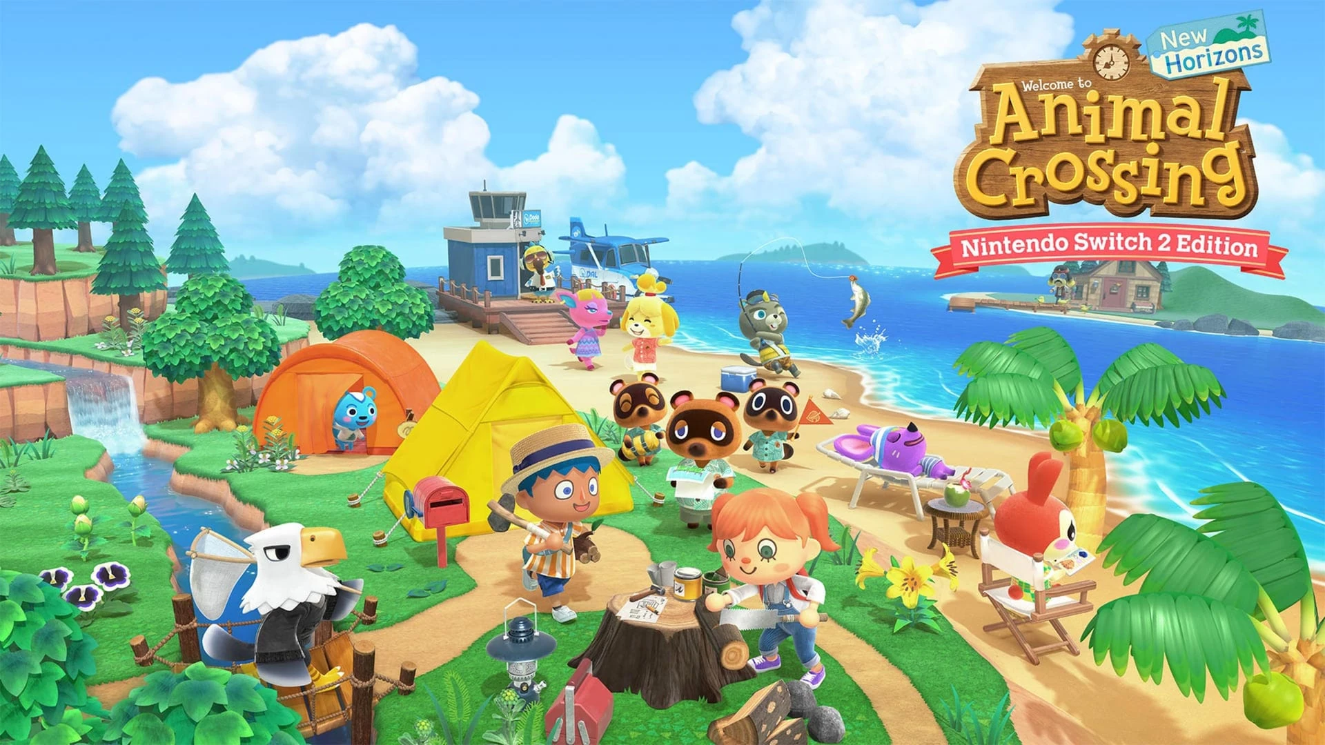 Isla tropical de Animal Crossing con Tom Nook, Isabelle, villanos y dos jugadores humanos; cinta roja de Nintendo Switch 2 Edition