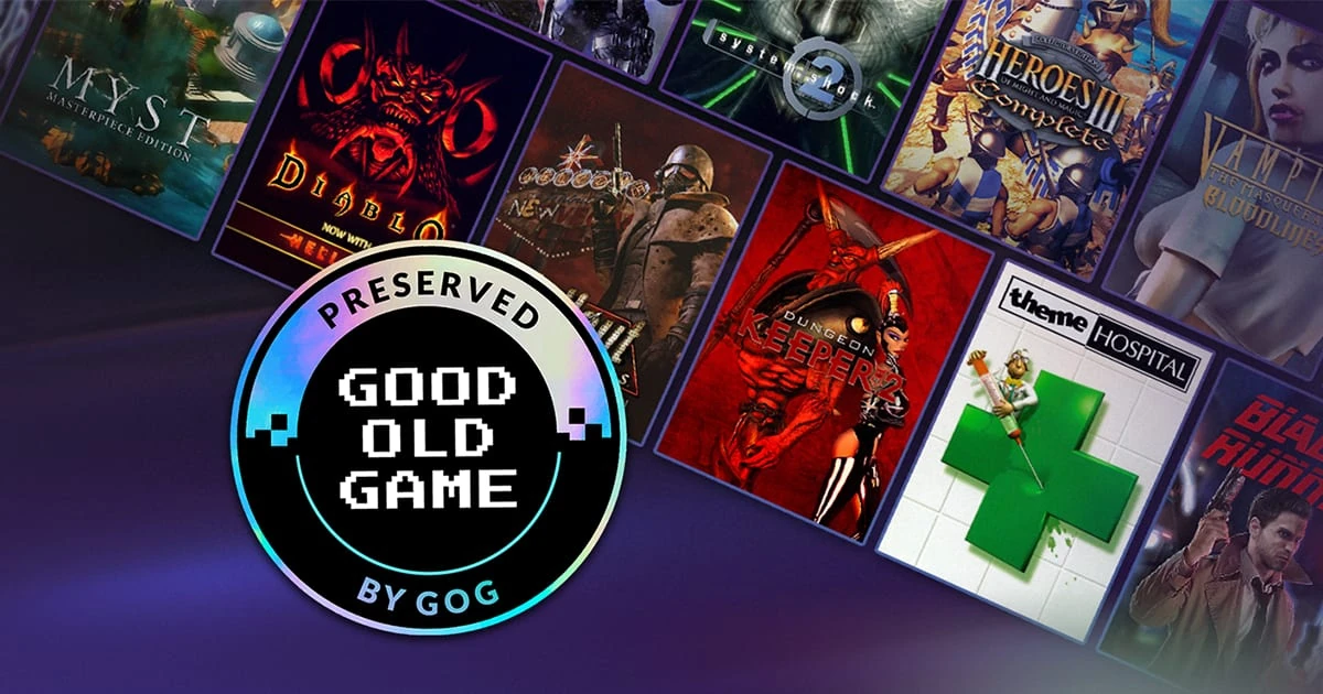Insignia «Preserved Good Old Game by GOG» delante de una fila de portadas de clásicos de PC como Diablo, Dungeon Keeper 2, Theme Hospital y Heroes III