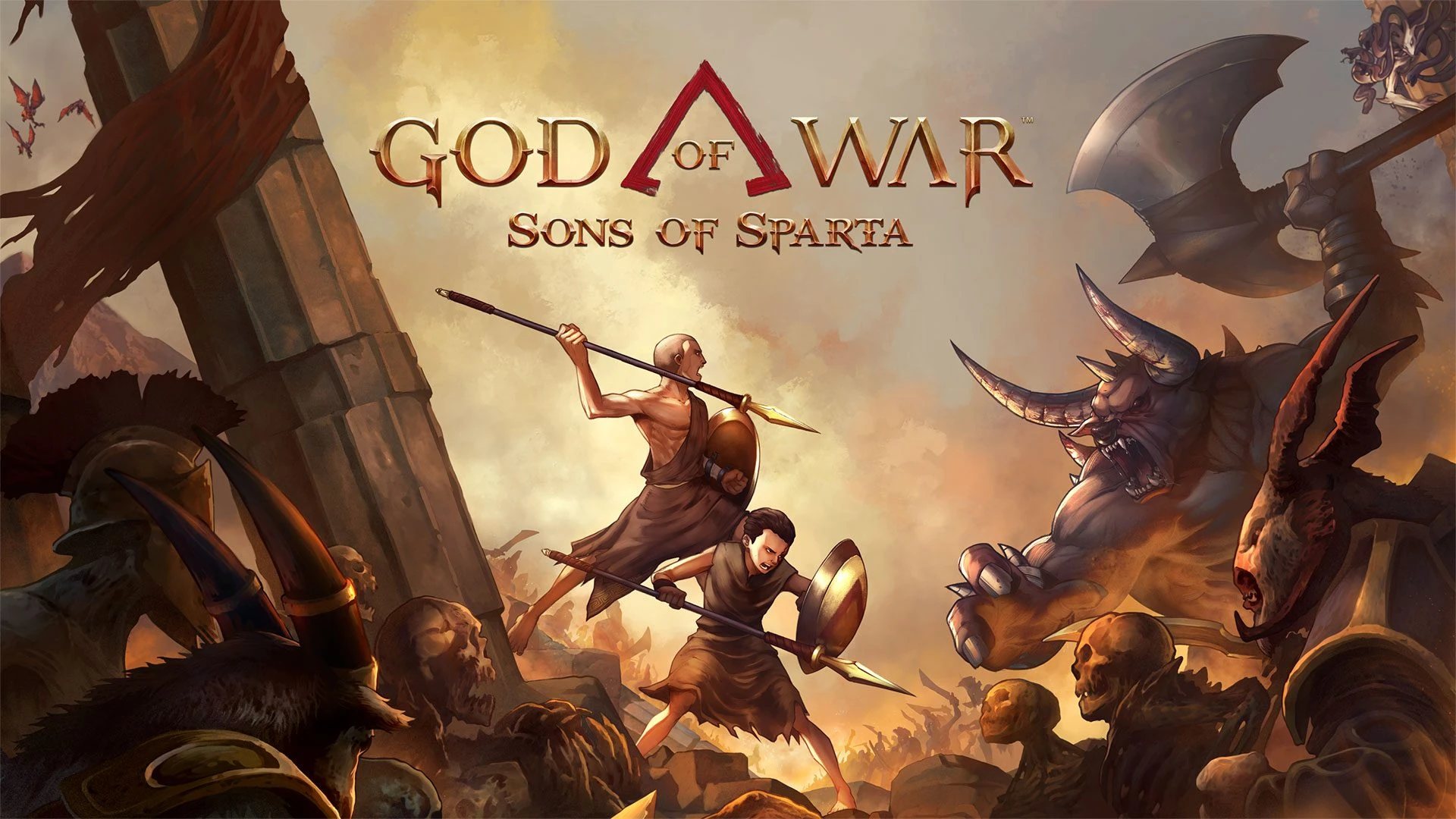 Kratos adulto y un Kratos adolescente, lanza y escudo, espalda contra espalda ante un minotauro y esqueletos; logo God of War Sons of Sparta