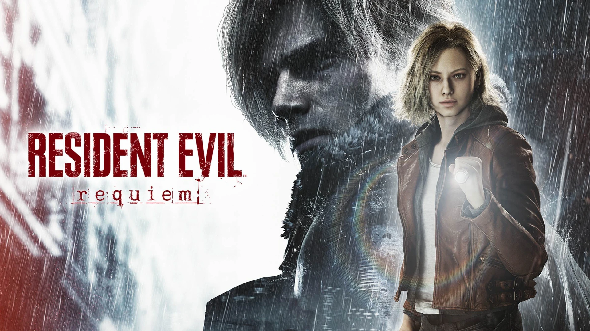 Grace Ashcroft con linterna bajo la lluvia; detrás, el rostro semitransparente de Leon Kennedy y el logo rojo de Resident Evil Requiem