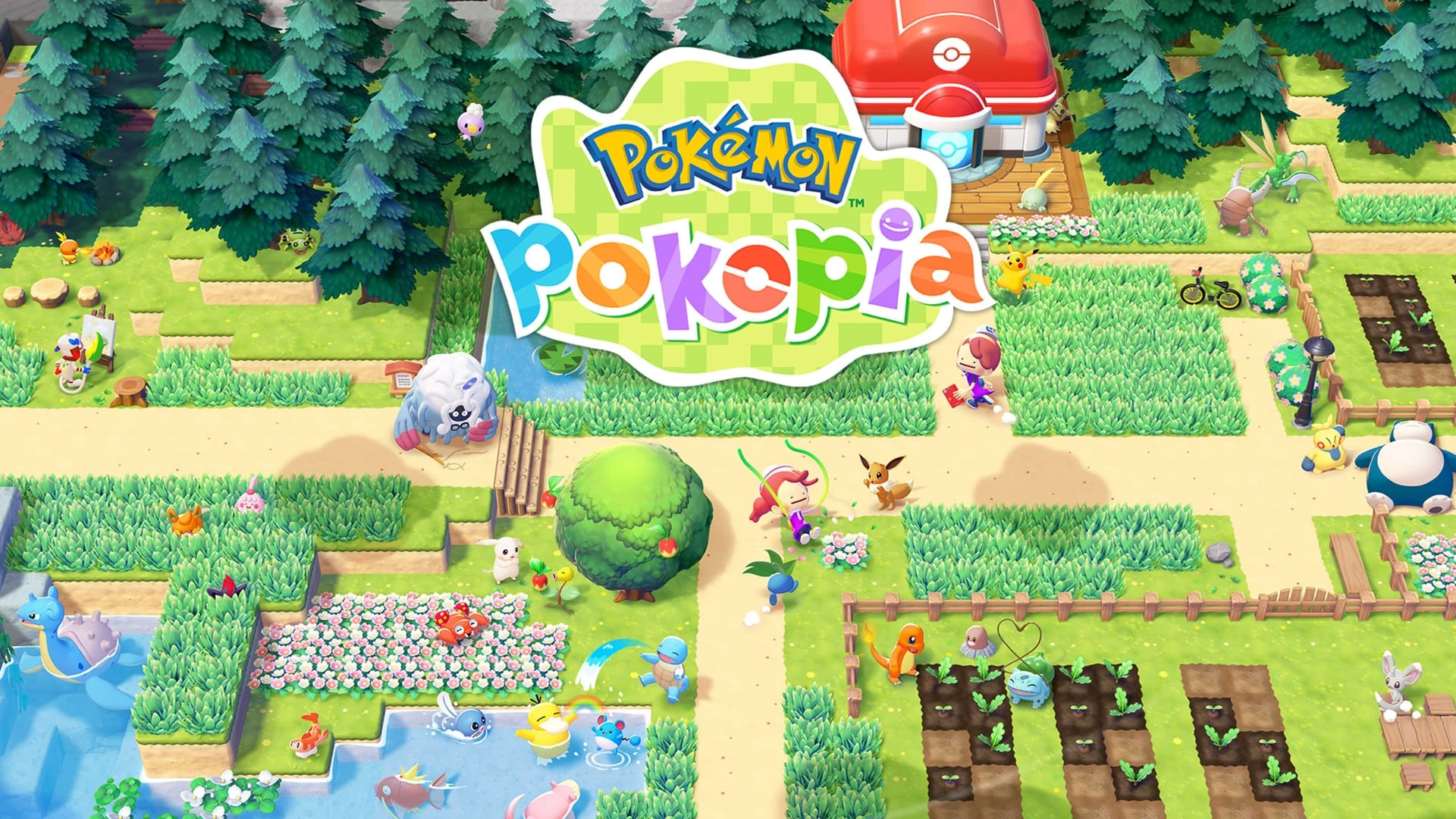 Vista isométrica de un valle de Pokémon Pokopia: centro Pokémon, huerto, estanque con Lapras y el logo de burbujas arriba