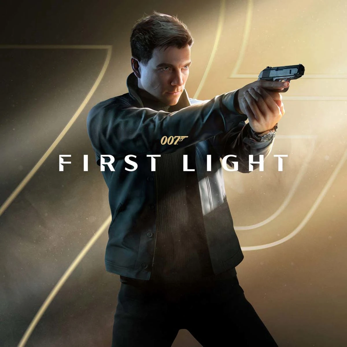Un James Bond joven, chaqueta oscura y jersey de cuello alto, apunta con las dos manos; logo 007 First Light en oro y blanco