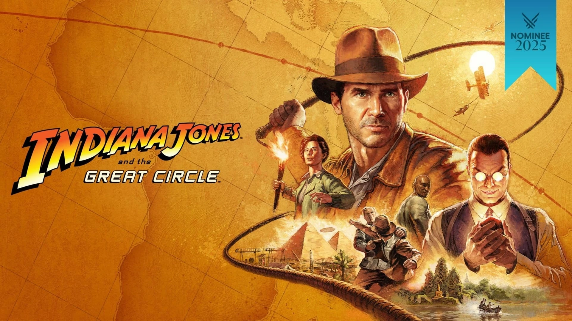 Cartel de Indiana Jones and the Great Circle: Indy con fedora, látigo en arco, pirámides, selva y un antagonista con un cristal rojo