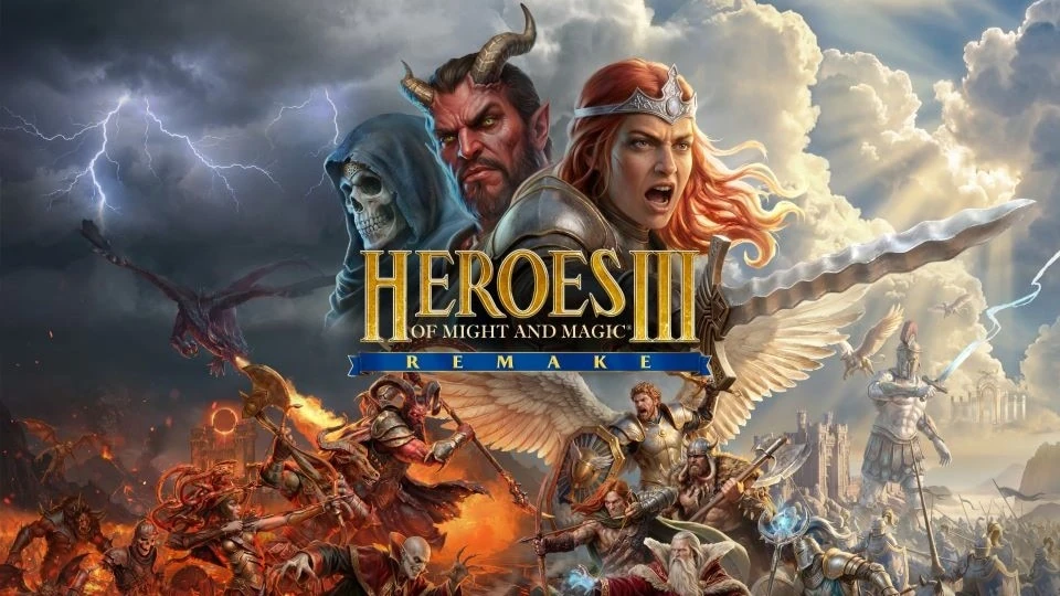 Arte de Heroes III Remake: infierno y lava a la izquierda, castillo y ángeles a la derecha, logo dorado Heroes III Remake al centro
