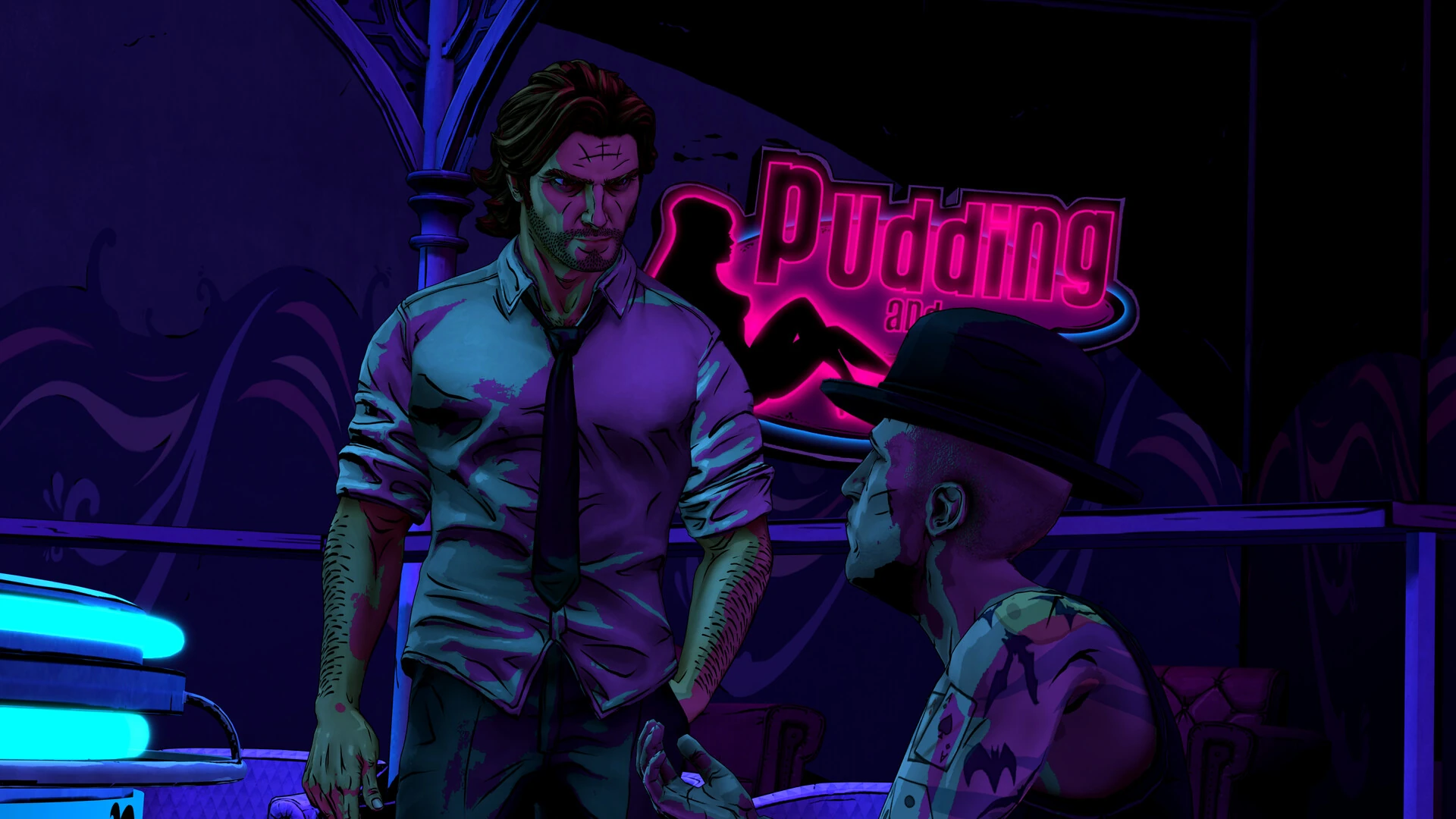 Bigby Wolf, camisa gris y corbata suelta, mira de arriba a Georgie Porgie con bombín y tatuajes, neón rosa de Pudding & Pie detrás