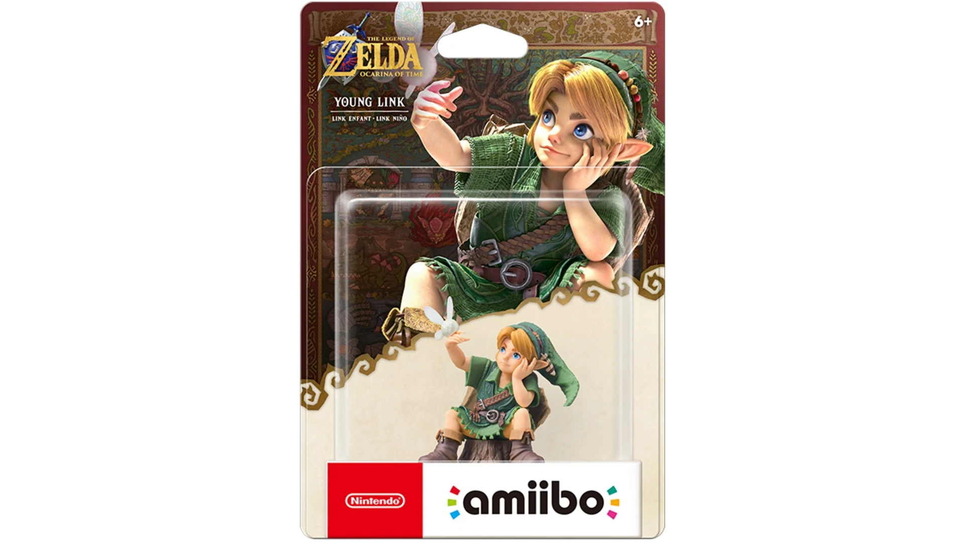 Caja del amiibo de Link niño: la figura dentro del blíster, sentada en un tocón, y detrás una ilustración del personaje levantando a Navi, con el rótulo «Young 