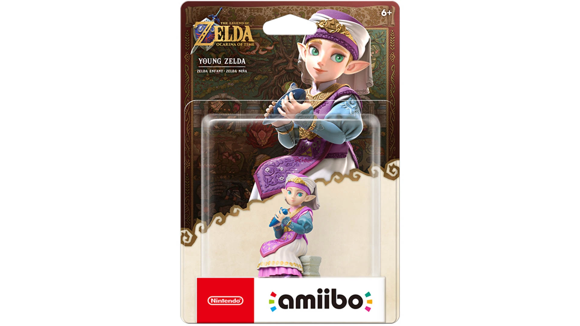 Caja del amiibo de Zelda niña: la figura dentro del blíster, sentada sobre un sillar de piedra, y detrás la ilustración de la princesa sujetando la ocarina azul