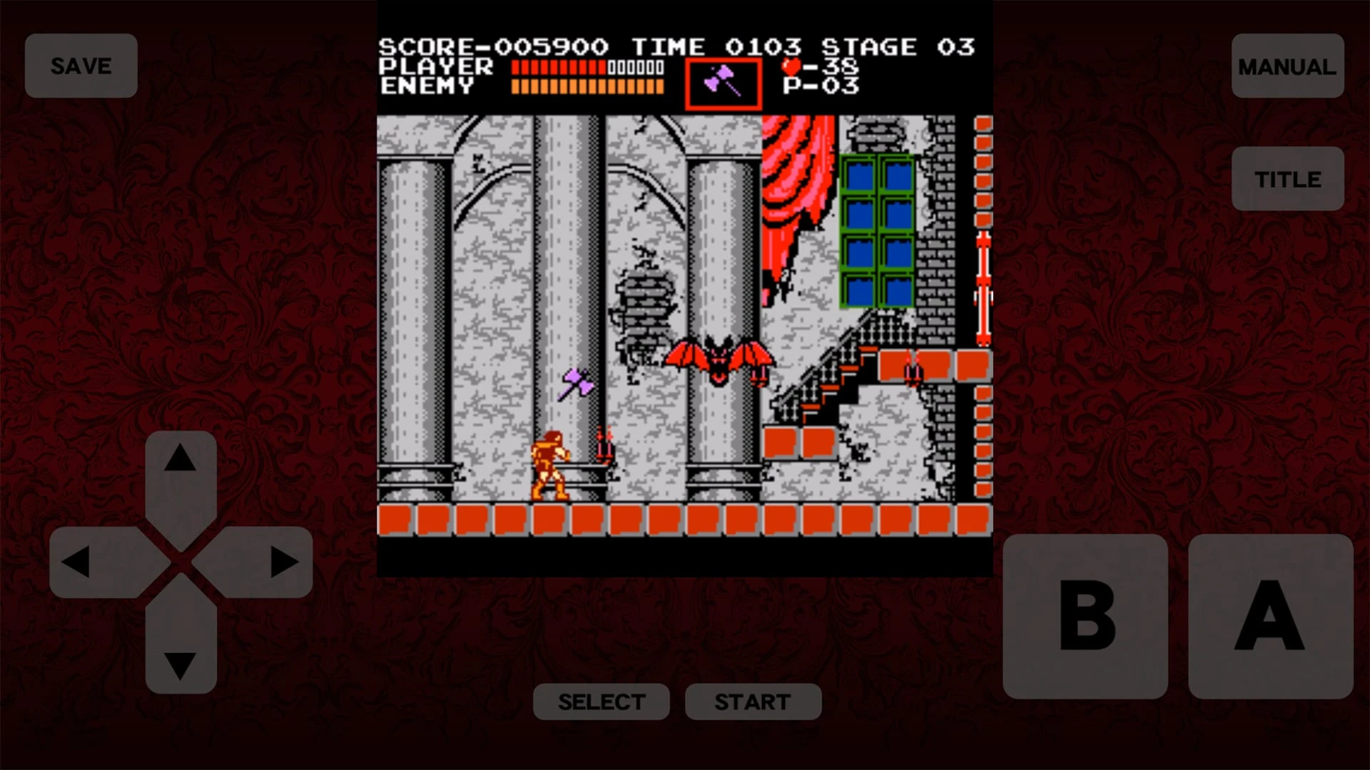 Simon Belmont, con el hacha como arma secundaria, ante el murciélago gigante del tercer nivel, con la cruceta y los botones táctiles a los lados