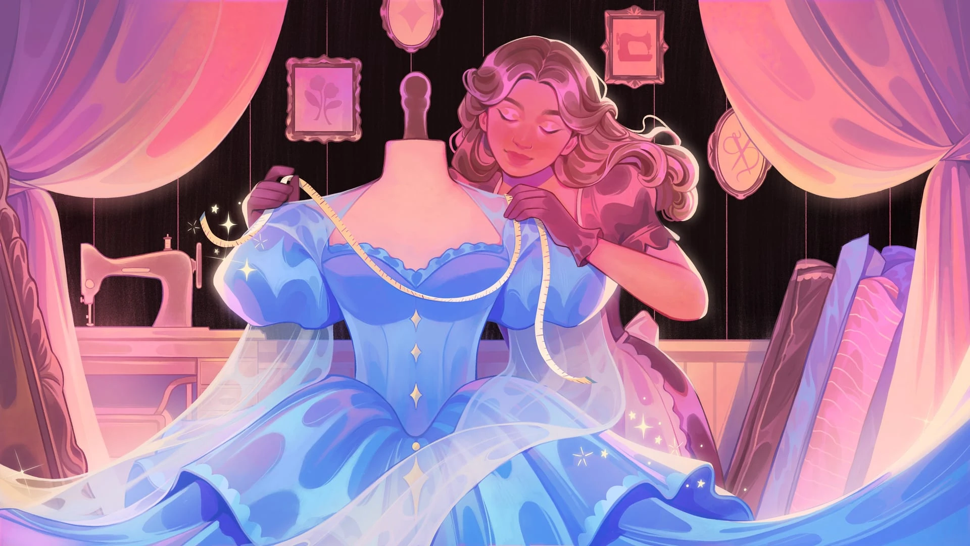 Ilustración de una modista de pelo largo que, con una cinta métrica al cuello, ajusta un vestido azul de gala en un maniquí entre cortinas rosas