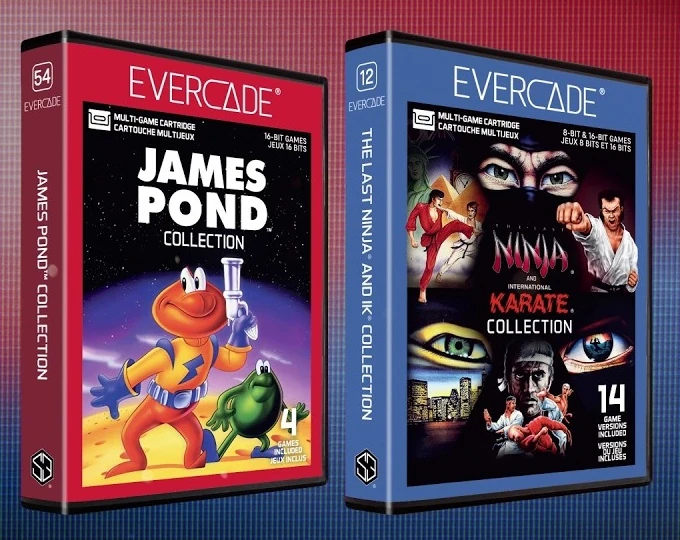 Las cajas de los dos cartuchos de Evercade, la roja de James Pond Collection y la azul de The Last Ninja & IK Collection, una junto a otra
