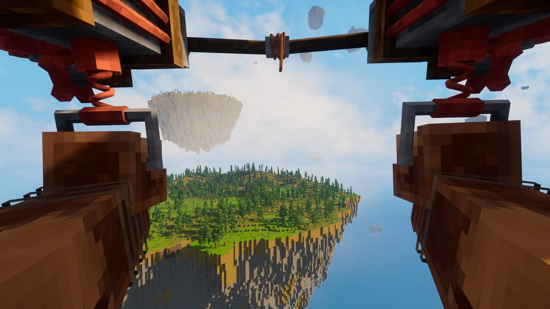 Vista en primera persona desde el puesto de mando de una nave voladora: dos palancas en primer plano y, delante, una isla de bosque flotando sobre las nubes