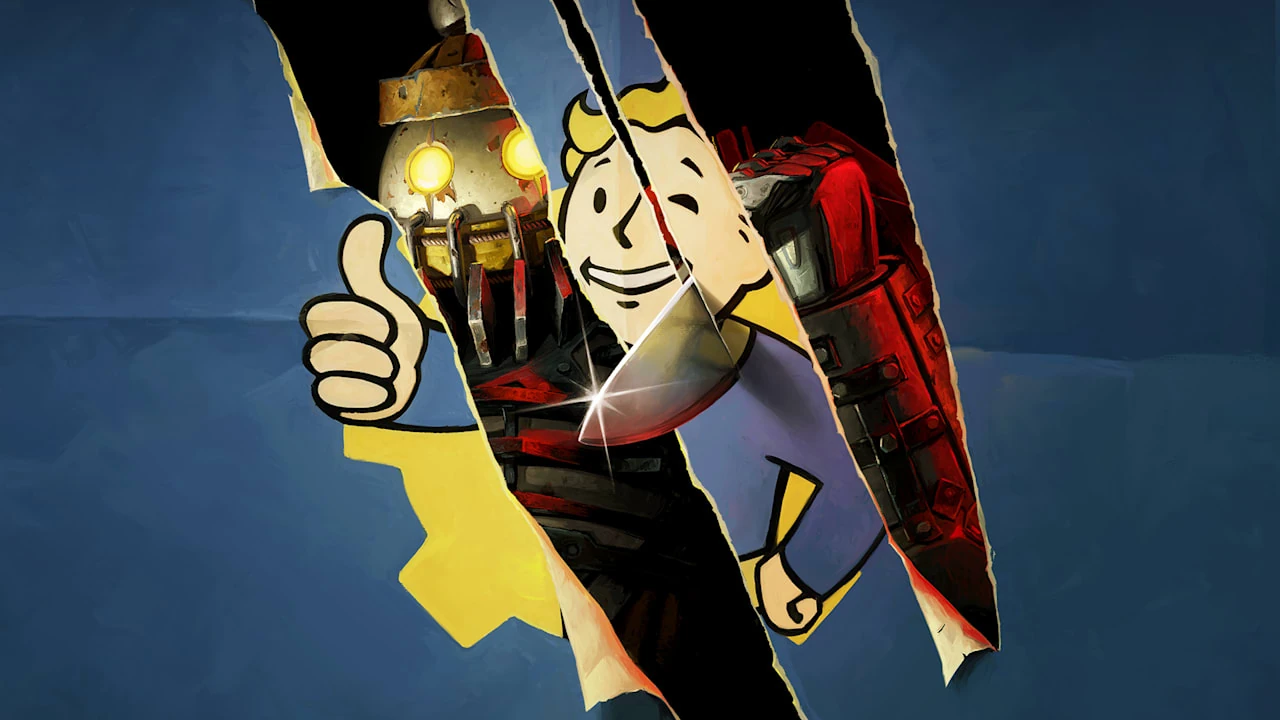 Vault Boy con el pulgar arriba, rasgado por tres cortes que dejan ver una servoarmadura roja de ojos amarillos y la hoja de un cuchillo