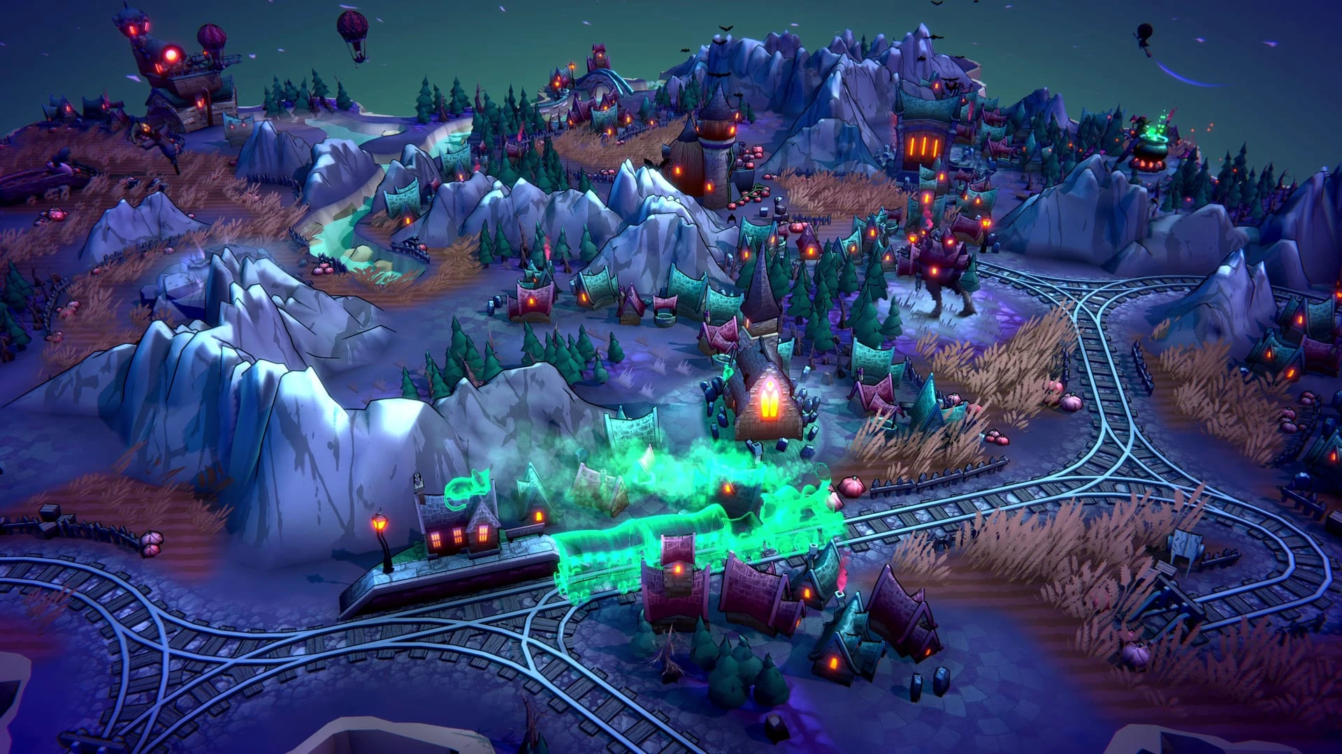 Un tren envuelto en humo verde fantasmal recorre las vías entre montañas nevadas, trigales y casas iluminadas de un pequeño reino nocturno
