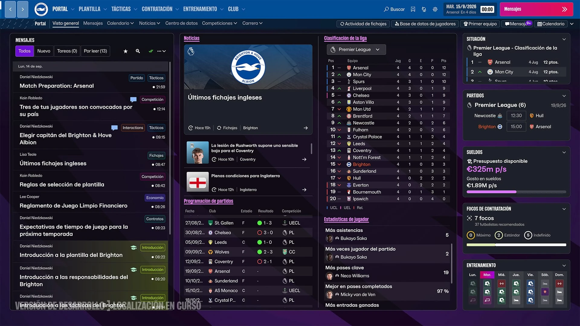 El Portal del Brighton en castellano: mensajes, noticias, calendario de partidos y la clasificación de la Premier League con el Arsenal primero