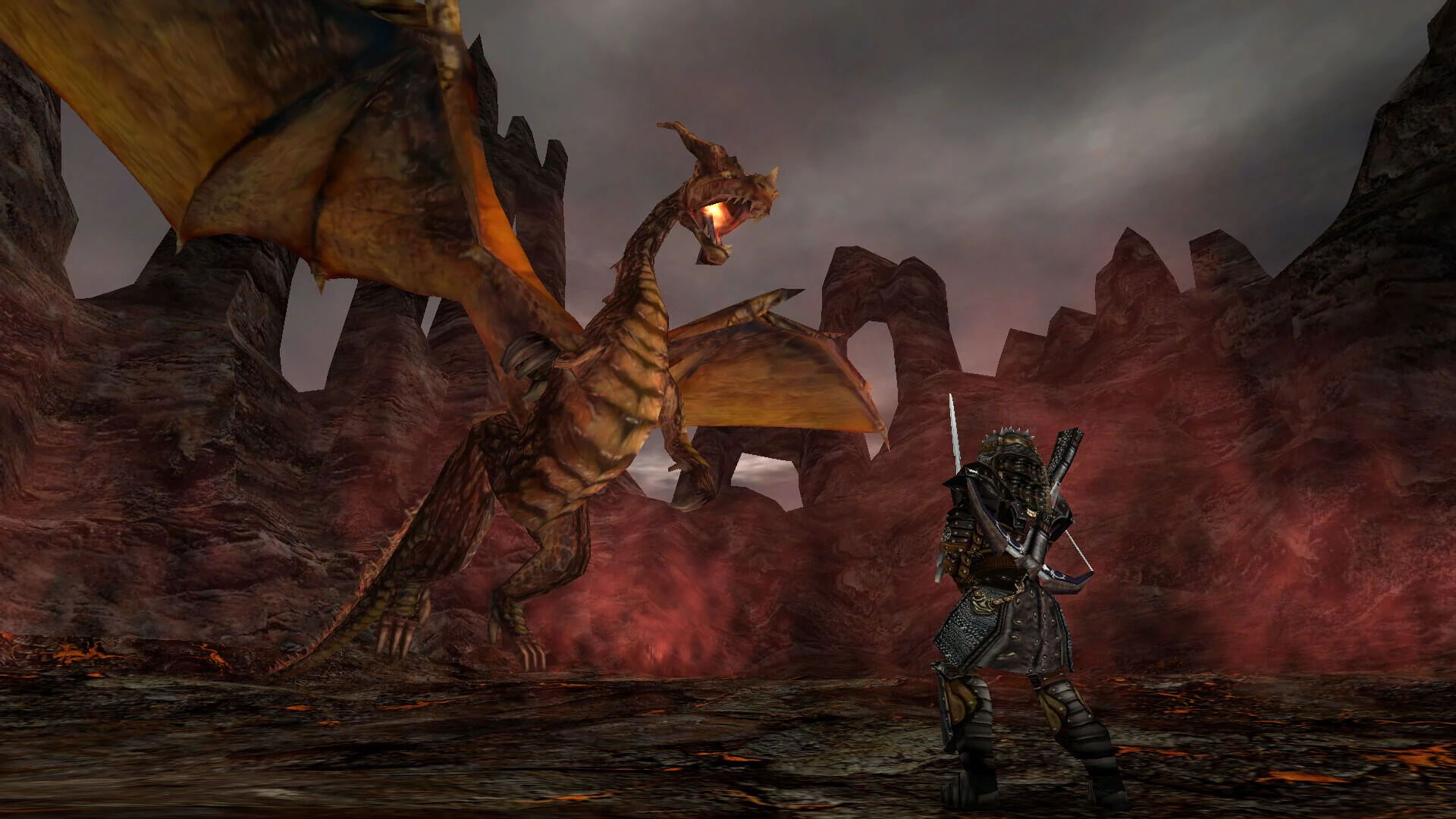 El protagonista de Gothic II, de espaldas con espada y arco, frente a un dragón que ruge entre rocas rojizas y ríos de lava