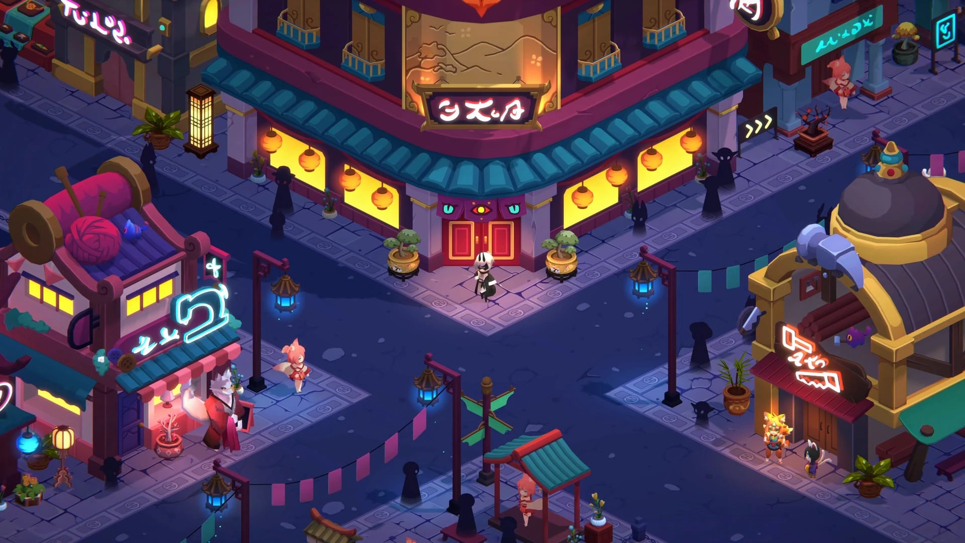 Vista isométrica de una calle de Aashraya de noche, con edificios de tejados curvos, rótulos de neón, farolillos rojos y puestos iluminados