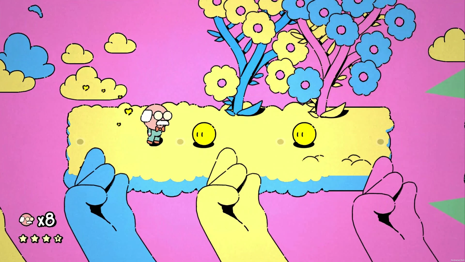 Nivel musical sobre fondo rosa: George avanza por una plataforma amarilla sostenida por tres manos gigantes, con dos bolas sonrientes delante