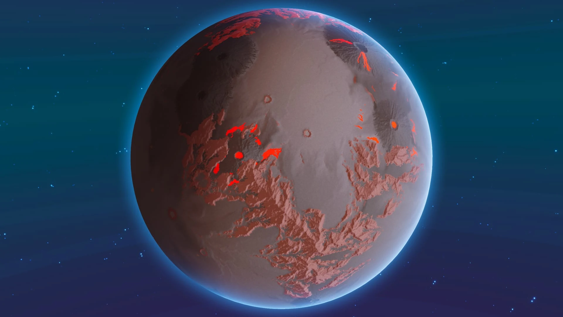 El planeta de fuego desde el espacio: una esfera gris y parda con grietas de lava roja y cráteres volcánicos