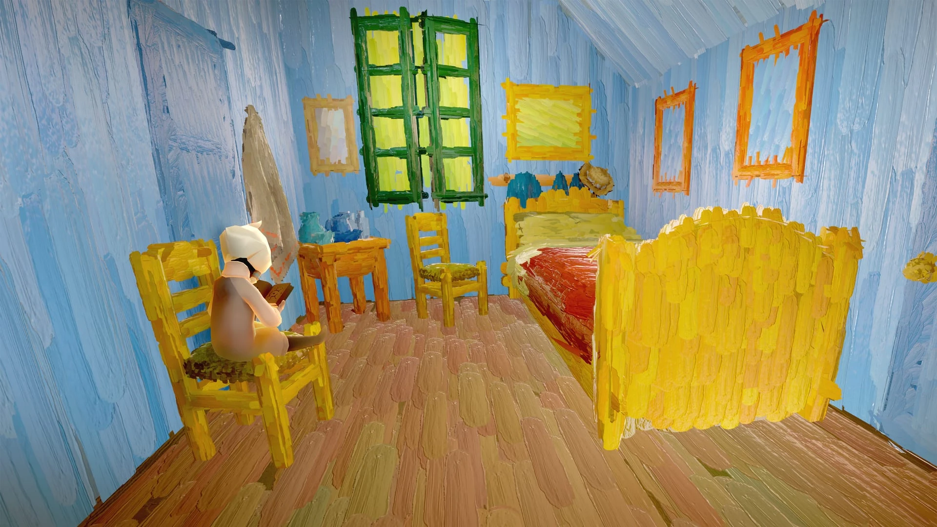 Un niño de la luz sentado en una silla amarilla dentro de El dormitorio de Van Gogh en 3D: paredes azules, cama amarilla y ventana verde, todo a pinceladas