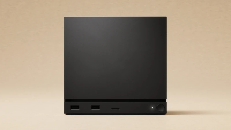 La Steam Machine vista de frente sobre fondo beige: un cubo negro mate con una franja inferior que lleva dos puertos USB, una ranura de tarjeta, un piloto blanc