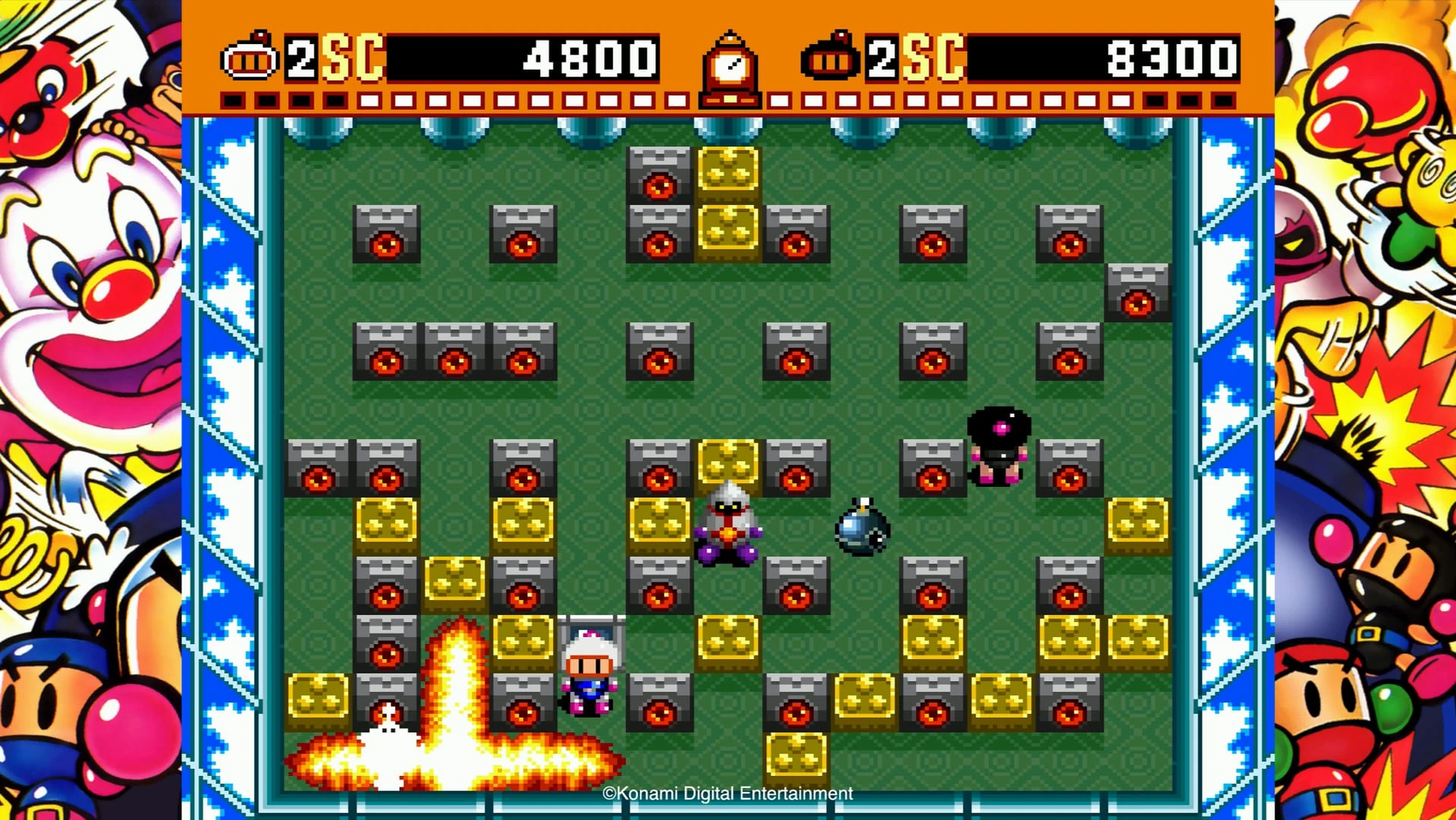 Primer Super Bomberman: Bomberman blanco junto a una explosión en cruz, en un tablero verde, con ilustraciones de la época a los lados