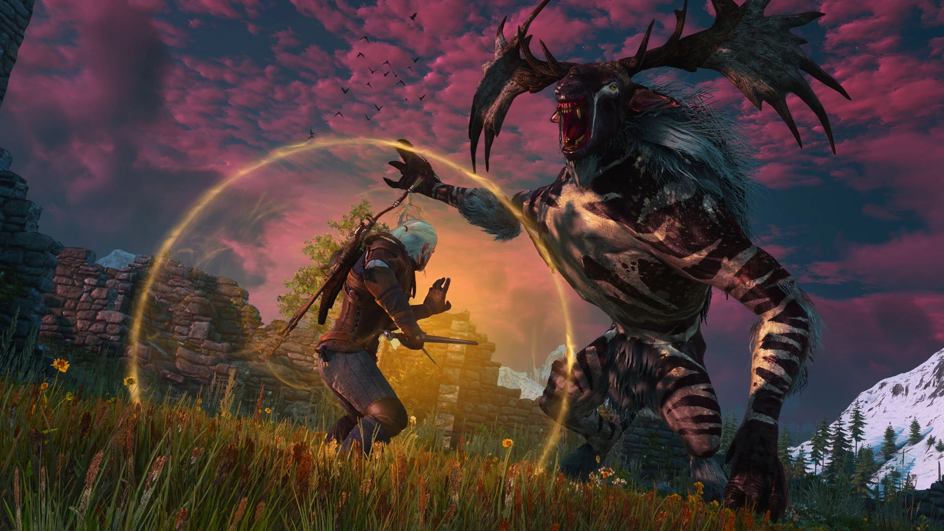Geralt, envuelto en el escudo dorado de un signo, esquiva el zarpazo de una bestia enorme con cornamenta entre ruinas de piedra, bajo un cielo rosado