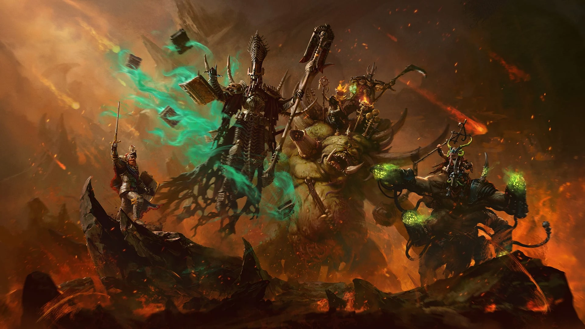 Ilustración de los cuatro señores entre llamas y meteoritos: Boris con la espada en alto, Nagash rodeado de libros y energía verde, los Glottkin sobre un engendro de Nurgle y Thanquol a lomos de su rata ogro