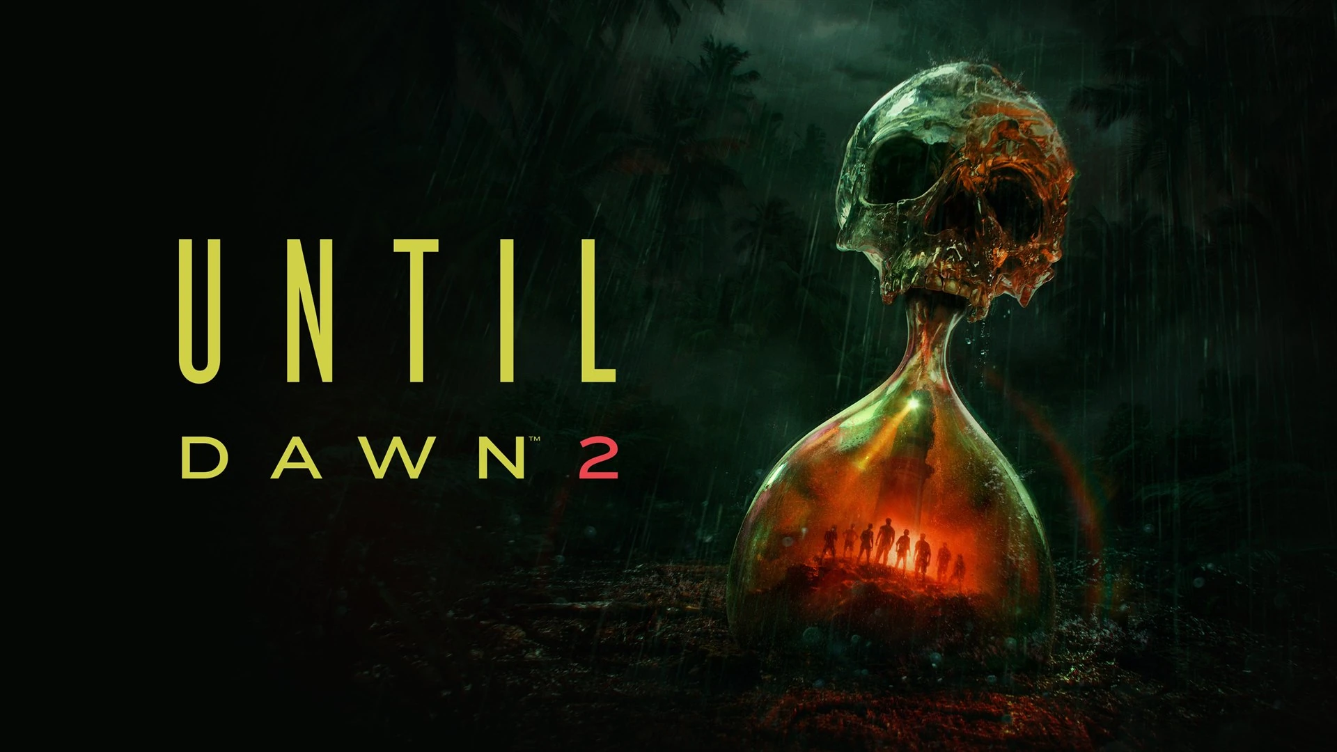 Arte promocional de Until Dawn 2: el logotipo del juego a la izquierda y, a la derecha, una calavera fundida con un reloj de arena de cristal rojo en una selva nocturna