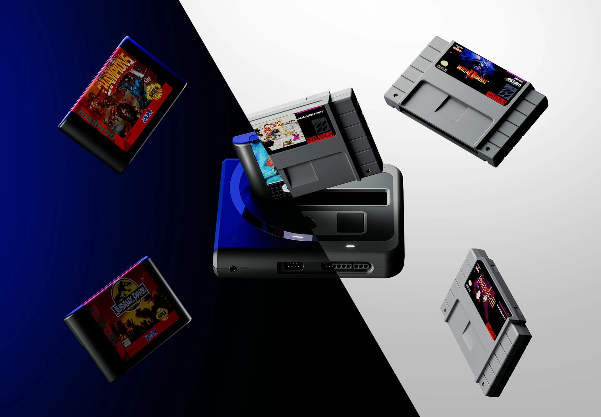 Una consola mitad Mega Sg+ azul y negra, mitad Super Nt+ gris, rodeada de cartuchos de Genesis y Super Nintendo flotando