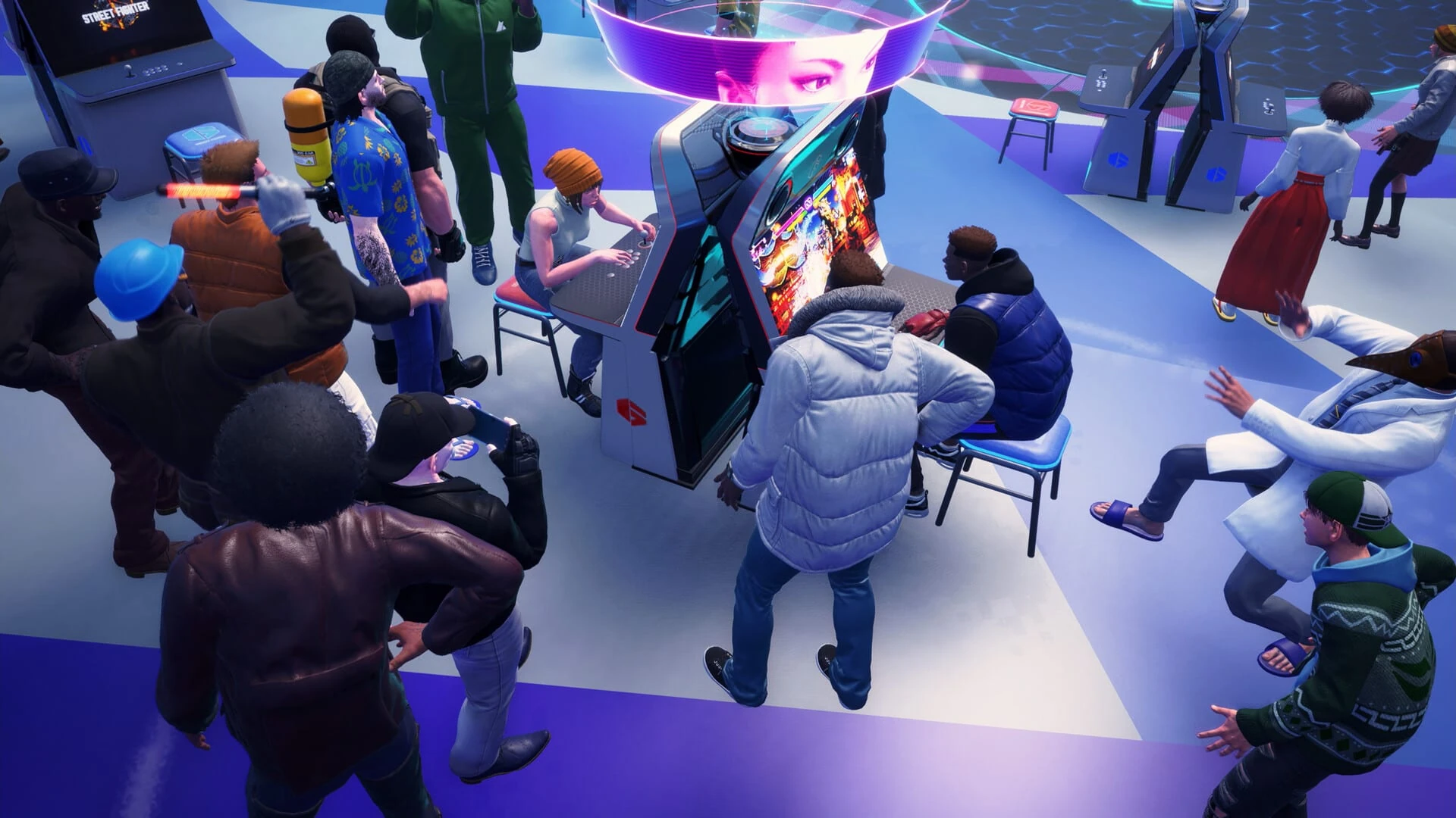 Avatares de jugadores alrededor de una recreativa en el vestíbulo en línea Battle Hub de Street Fighter 6