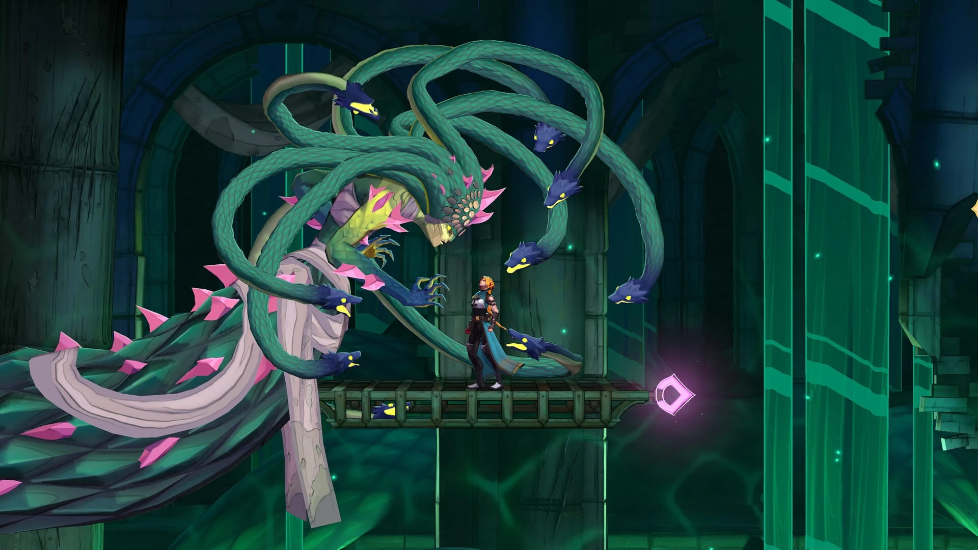 Rose Belmont, de pie en una pasarela de madera, frente a una Medusa enorme con cuerpo de serpiente y cabellera de serpientes