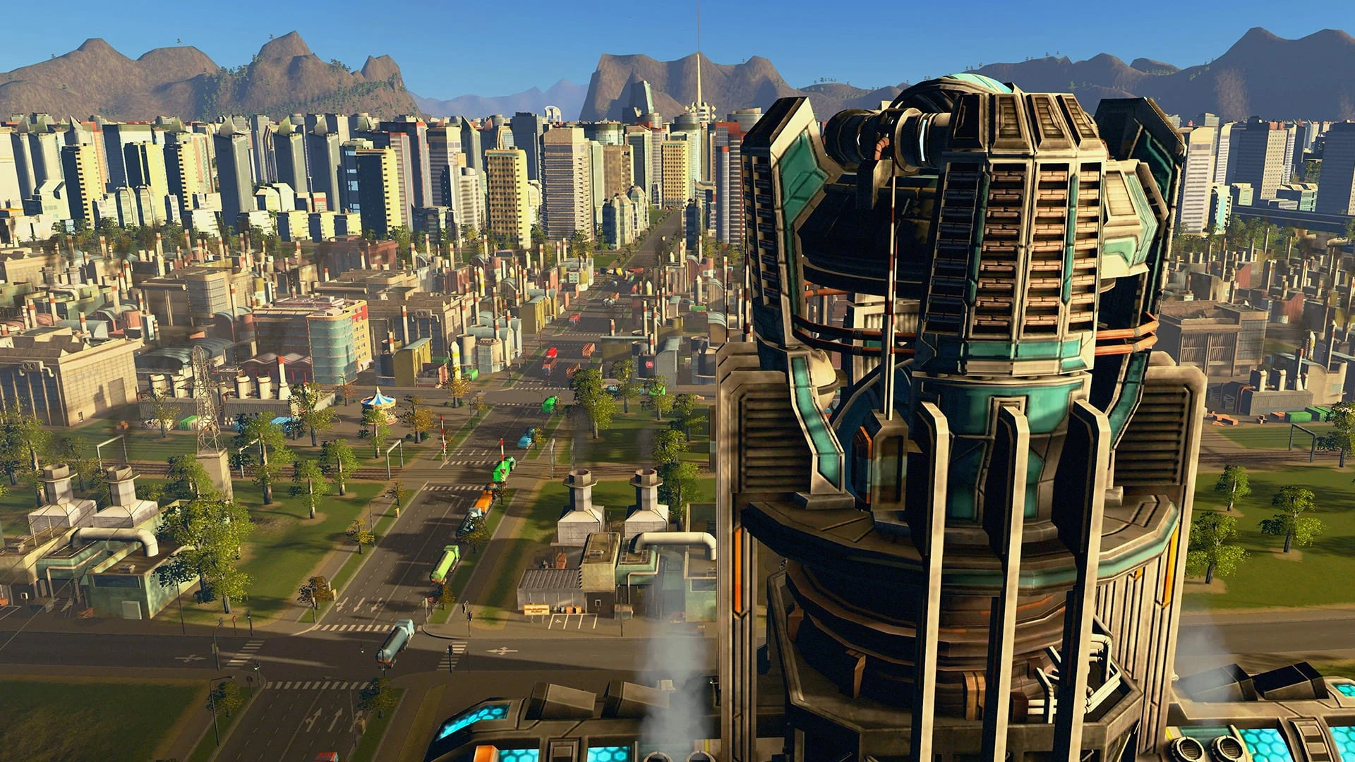 Una gran ciudad de rascacielos junto a montañas, con avenidas arboladas y en primer plano una torre futurista de cristal verde